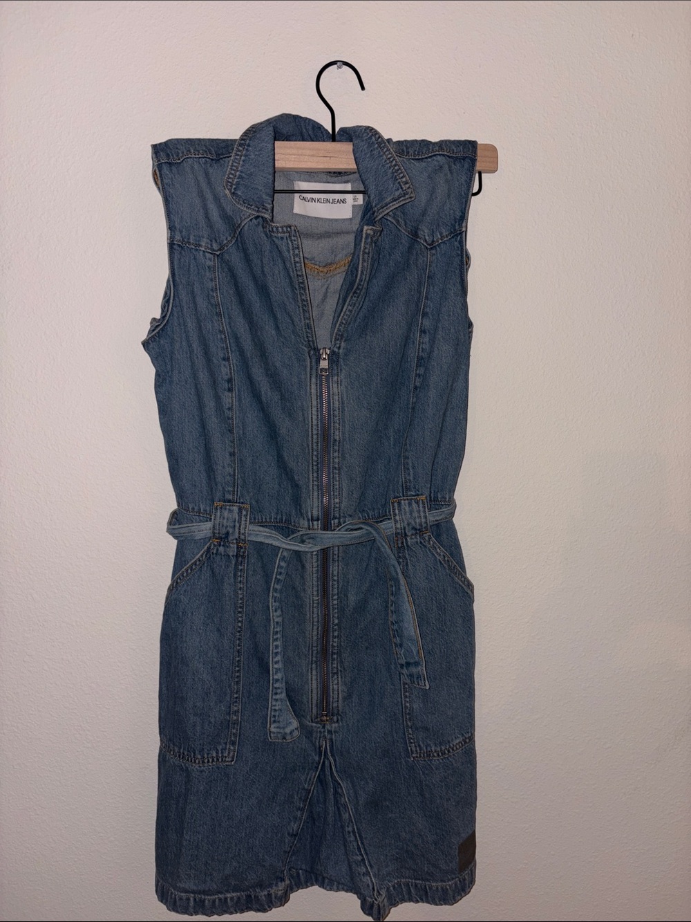 Calvin Klein Denim Zip-Front Overall Dress in Blue